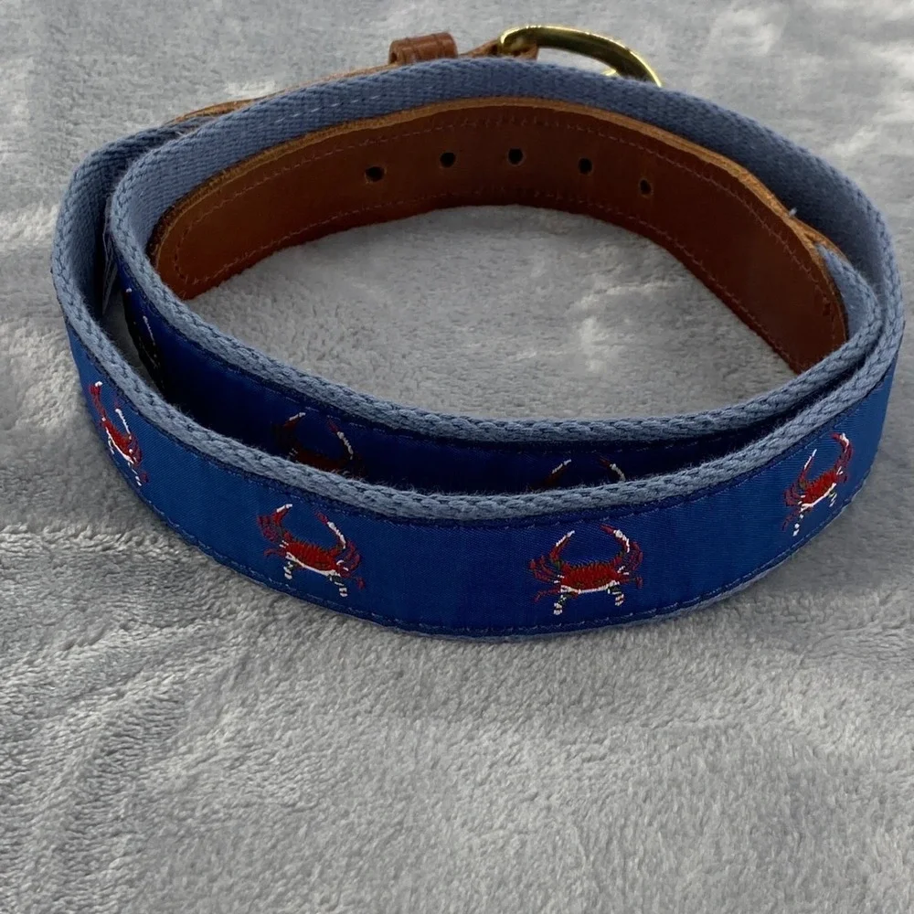 Preston Mens 34 Blue Crab Embroidered Surcingle Belt Leather Brass USA Coastal